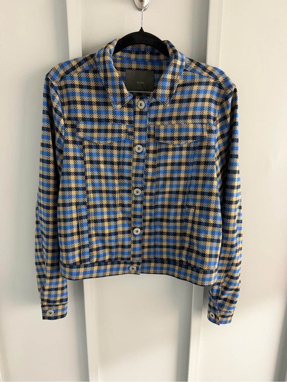 ICHI Blue & Beige Checkered Button-Up Jacket - Size 36 Like New Size S
