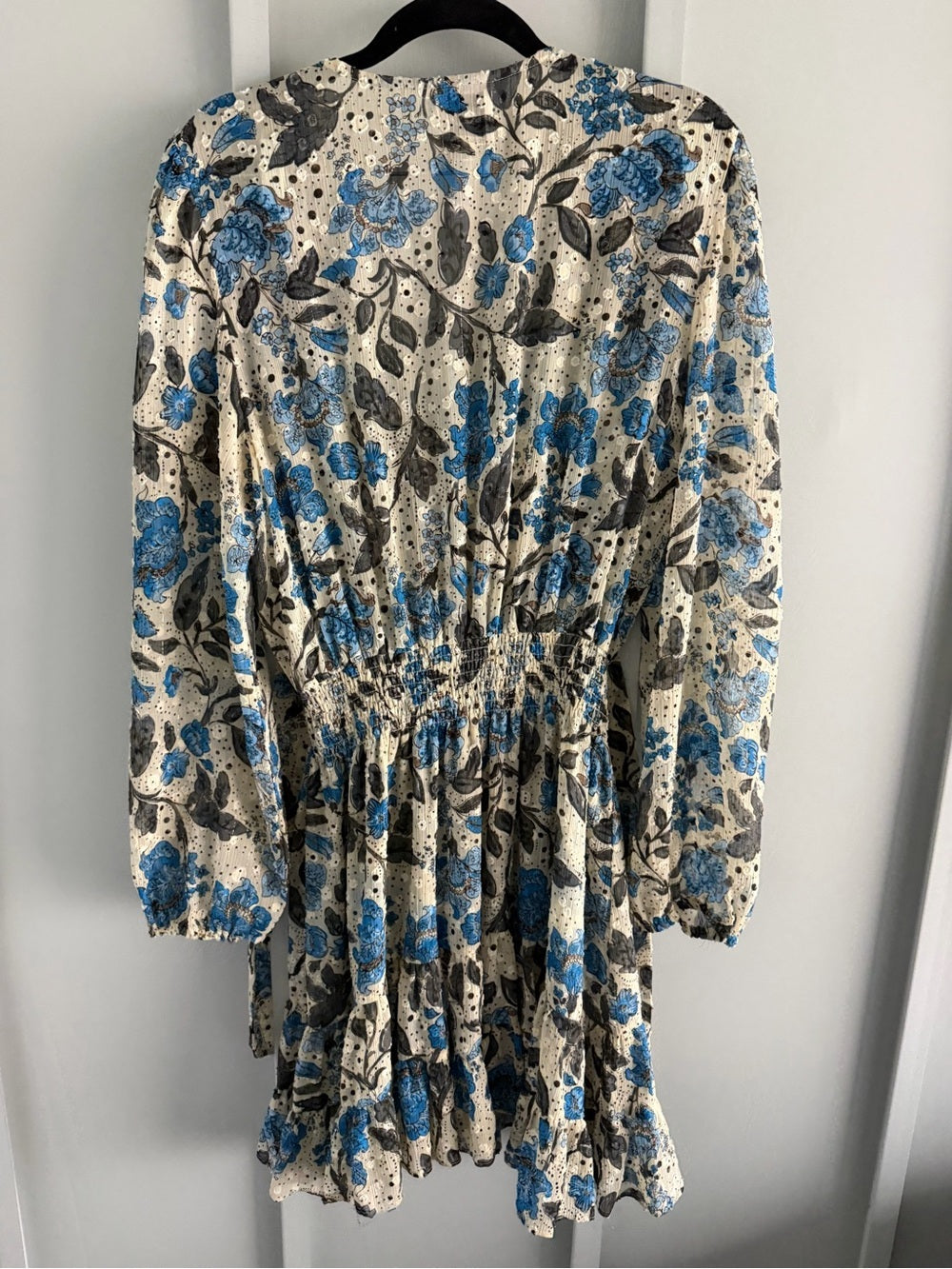 MISA Los Angeles Floral Chiffon Smocked Waist Tie Neck Dress L