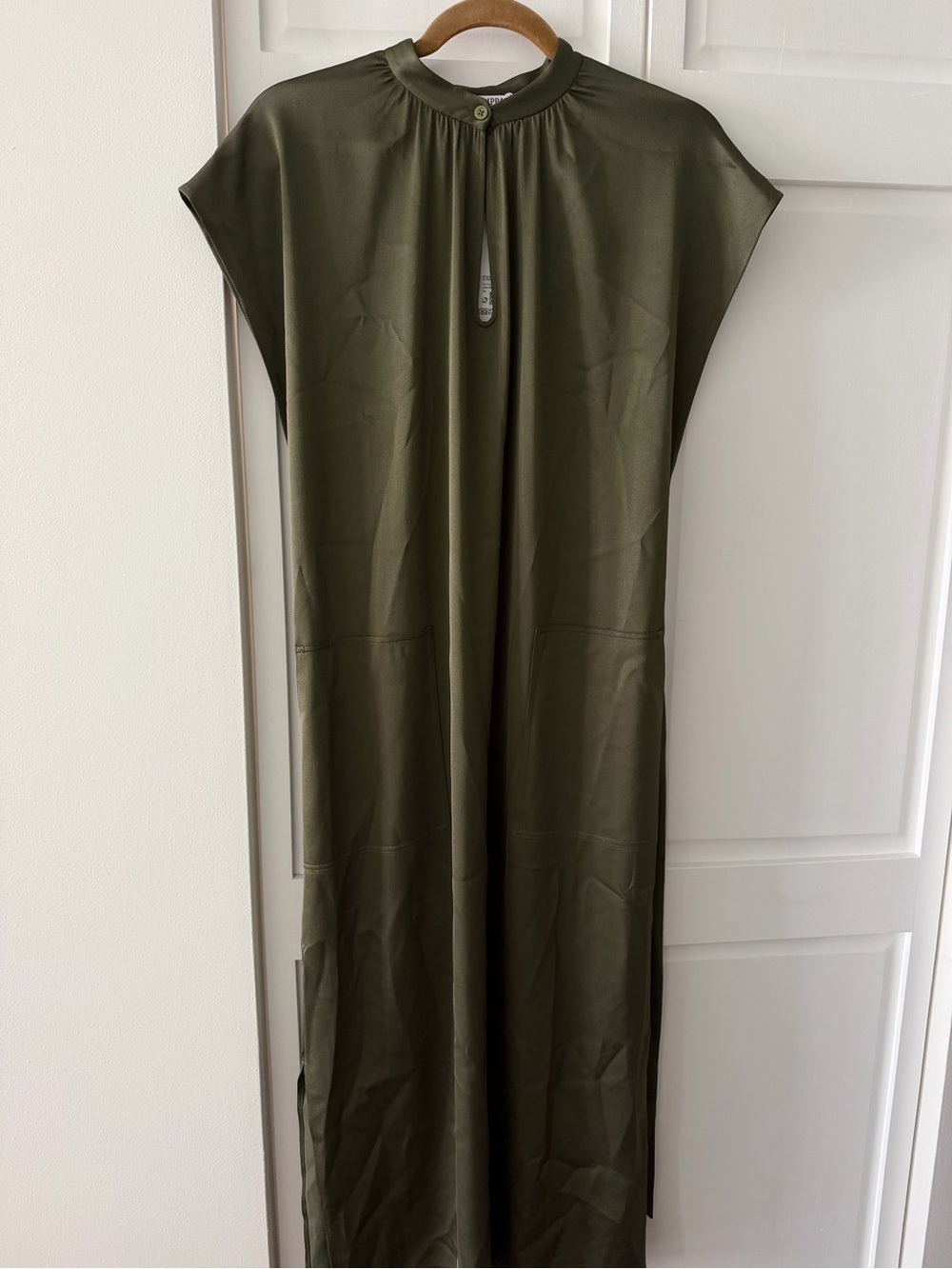 Filippa K Olive Green Satin-Finish Midi Dress - Size 36 (Fits Oversized) NWT