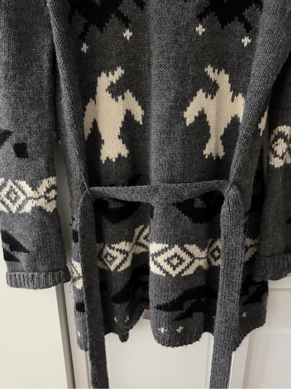 291 Venice Alpaca Wool Aztec Bird Shawl Belted Cardigan Sweater size M-L - Studio Edition
