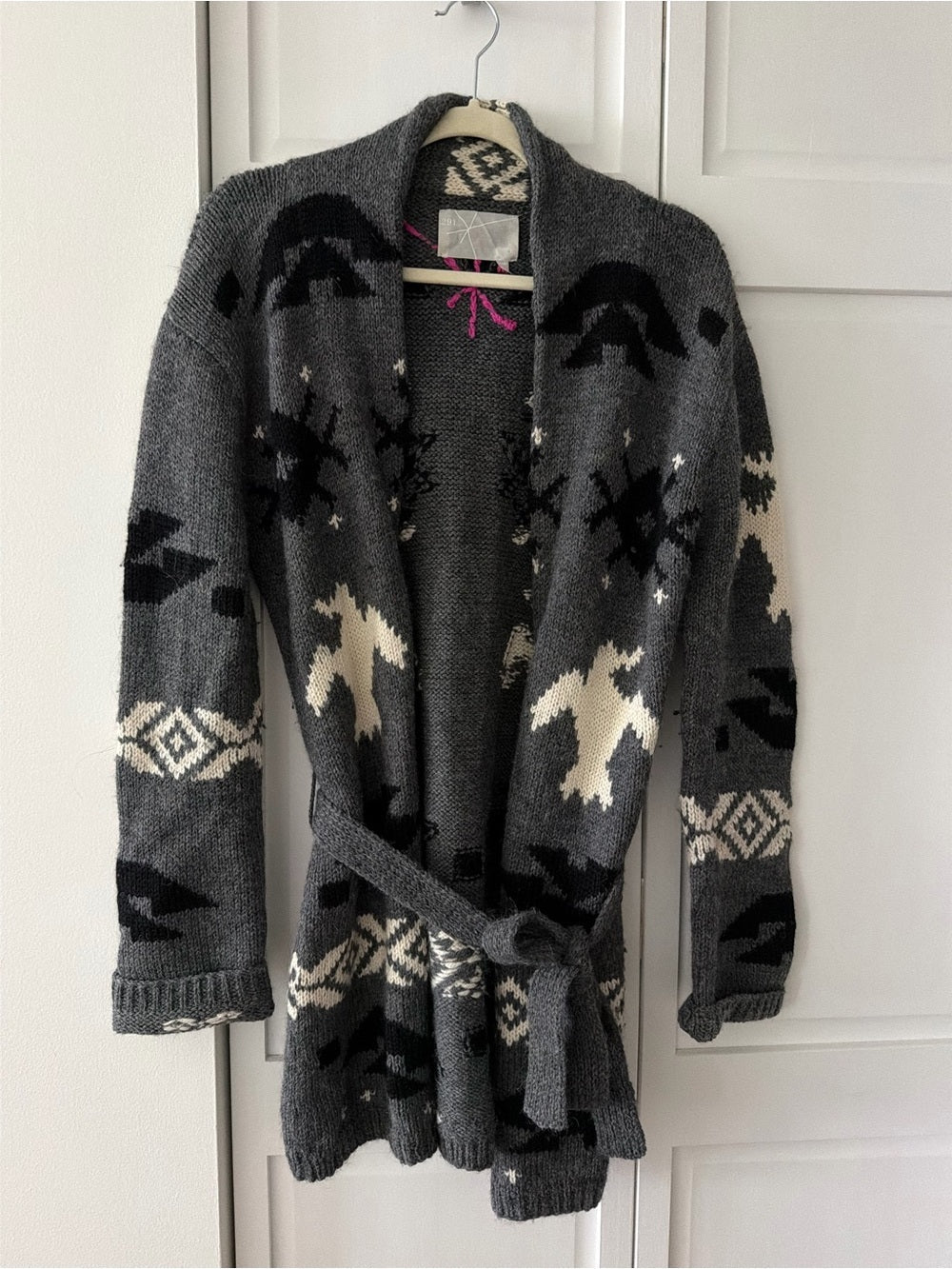 291 Venice Alpaca Wool Aztec Bird Shawl Belted Cardigan Sweater size M-L - Studio Edition