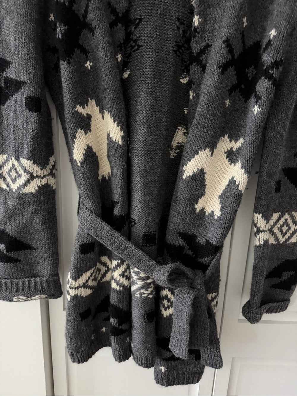 291 Venice Alpaca Wool Aztec Bird Shawl Belted Cardigan Sweater size M-L - Studio Edition