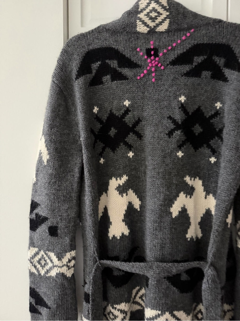 291 Venice Alpaca Wool Aztec Bird Shawl Belted Cardigan Sweater size M-L - Studio Edition