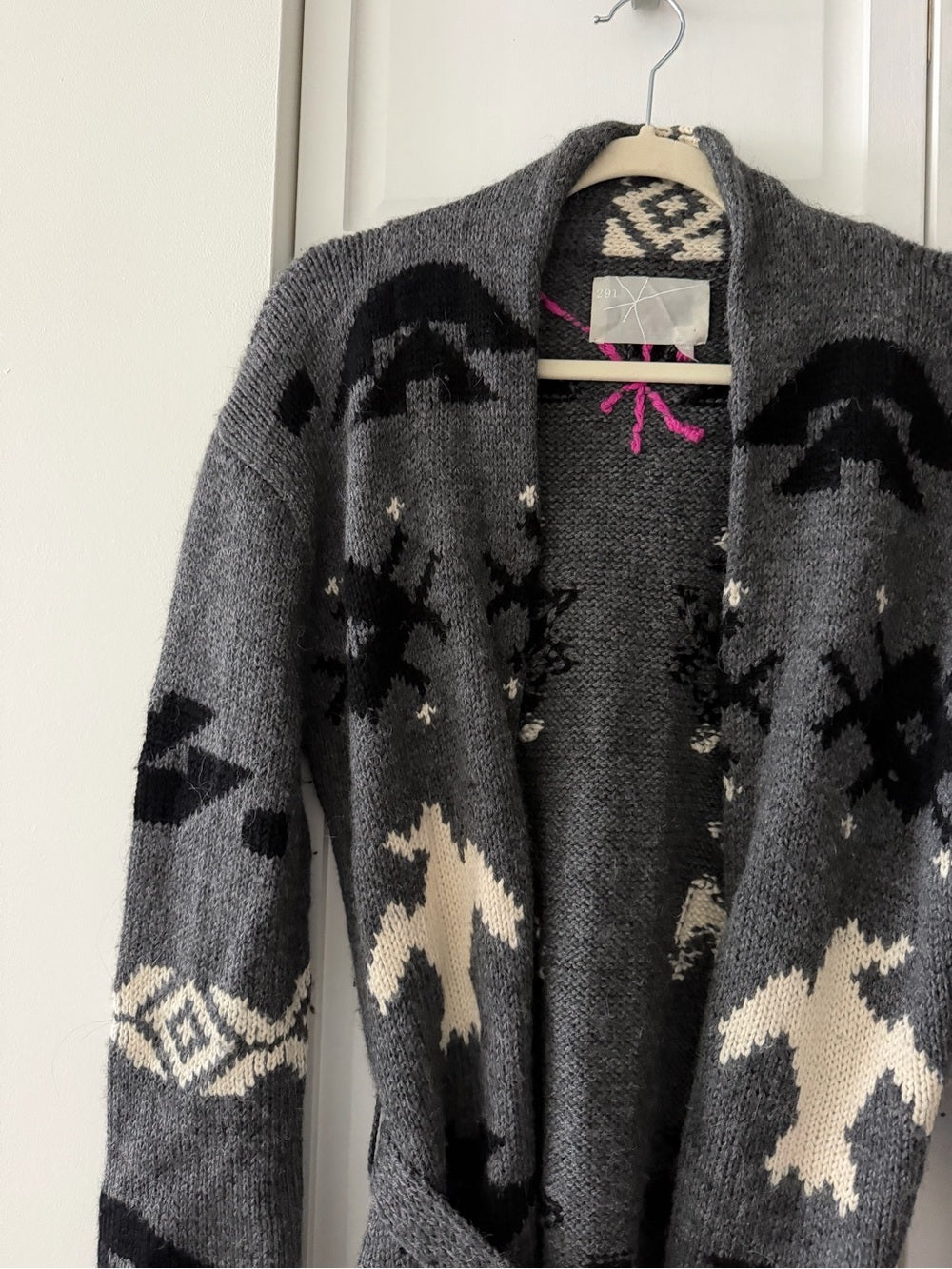 291 Venice Alpaca Wool Aztec Bird Shawl Belted Cardigan Sweater size M-L - Studio Edition