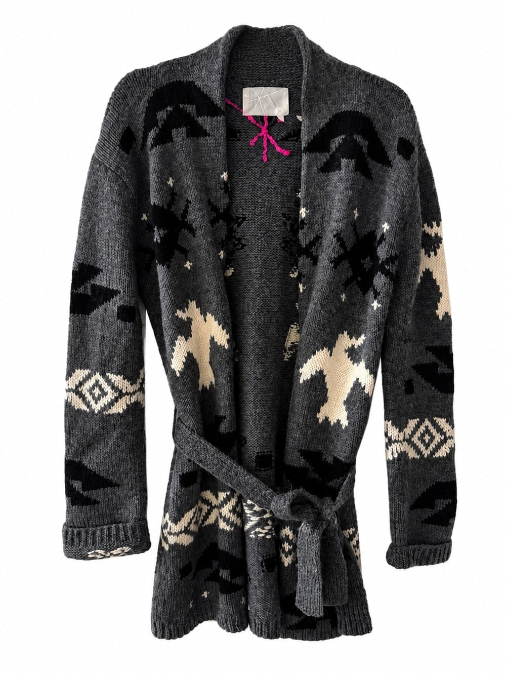 291 Venice Alpaca Wool Aztec Bird Shawl Belted Cardigan Sweater size M-L - Studio Edition