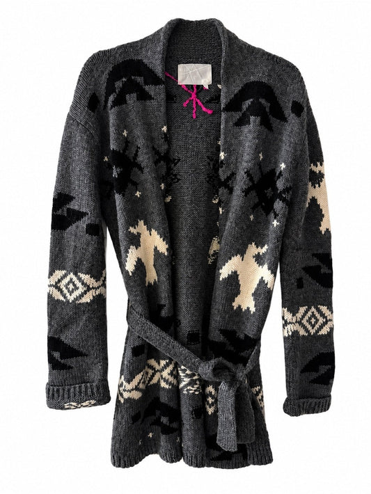 291 Venice Alpaca Wool Aztec Bird Shawl Belted Cardigan Sweater size M-L - Studio Edition