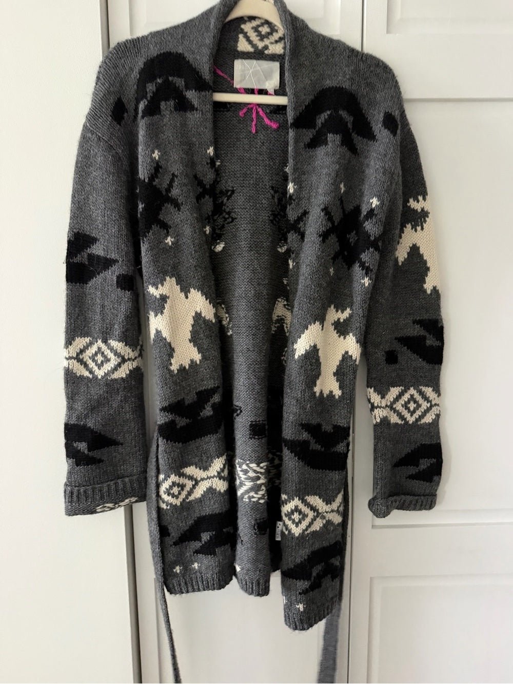 291 Venice Alpaca Wool Aztec Bird Shawl Belted Cardigan Sweater size M-L - Studio Edition
