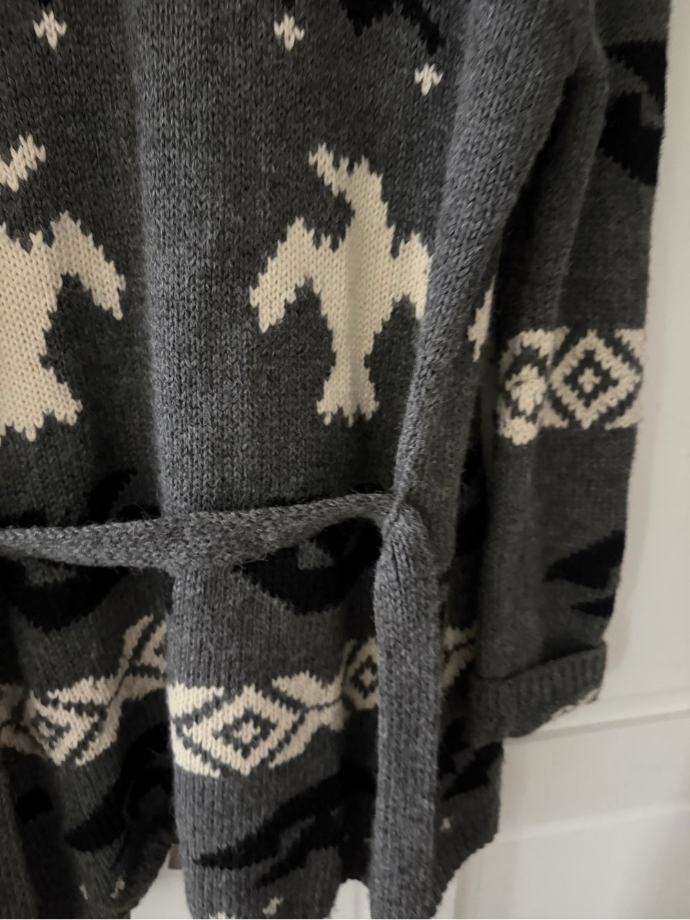 291 Venice Alpaca Wool Aztec Bird Shawl Belted Cardigan Sweater size M-L - Studio Edition
