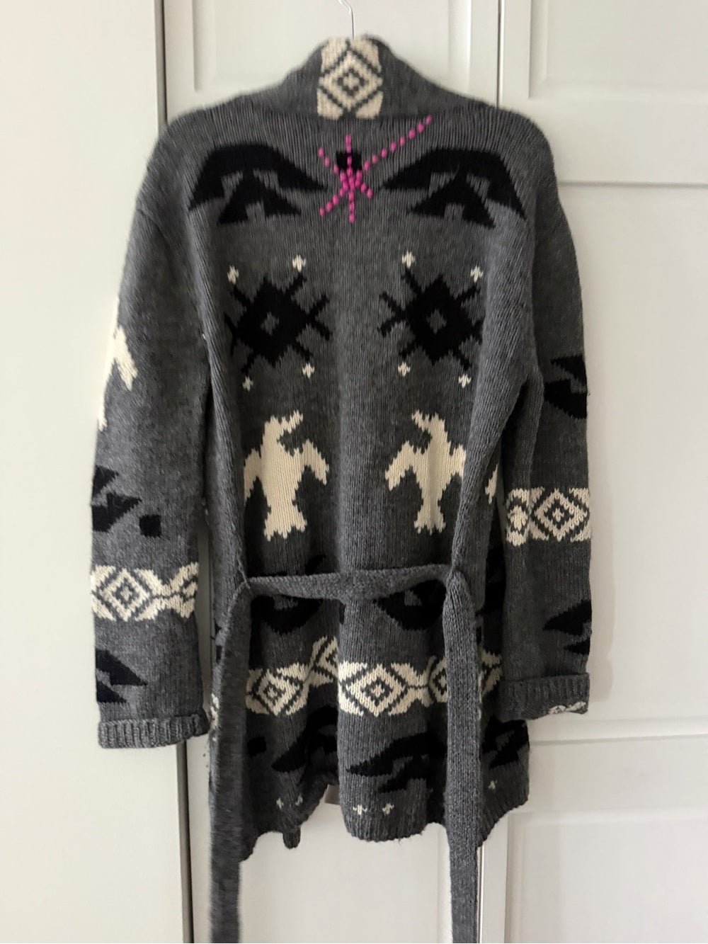 291 Venice Alpaca Wool Aztec Bird Shawl Belted Cardigan Sweater size M-L - Studio Edition