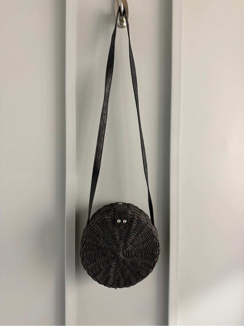 Vintage Black Round Woven Raffia Crossbody Bag