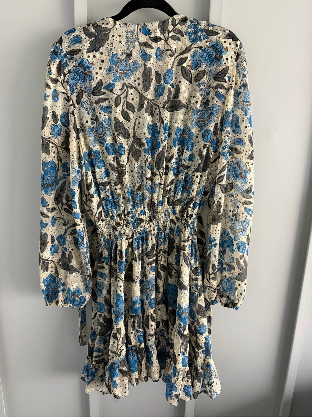 MISA Los Angeles Floral Chiffon Smocked Waist Tie Neck Dress L