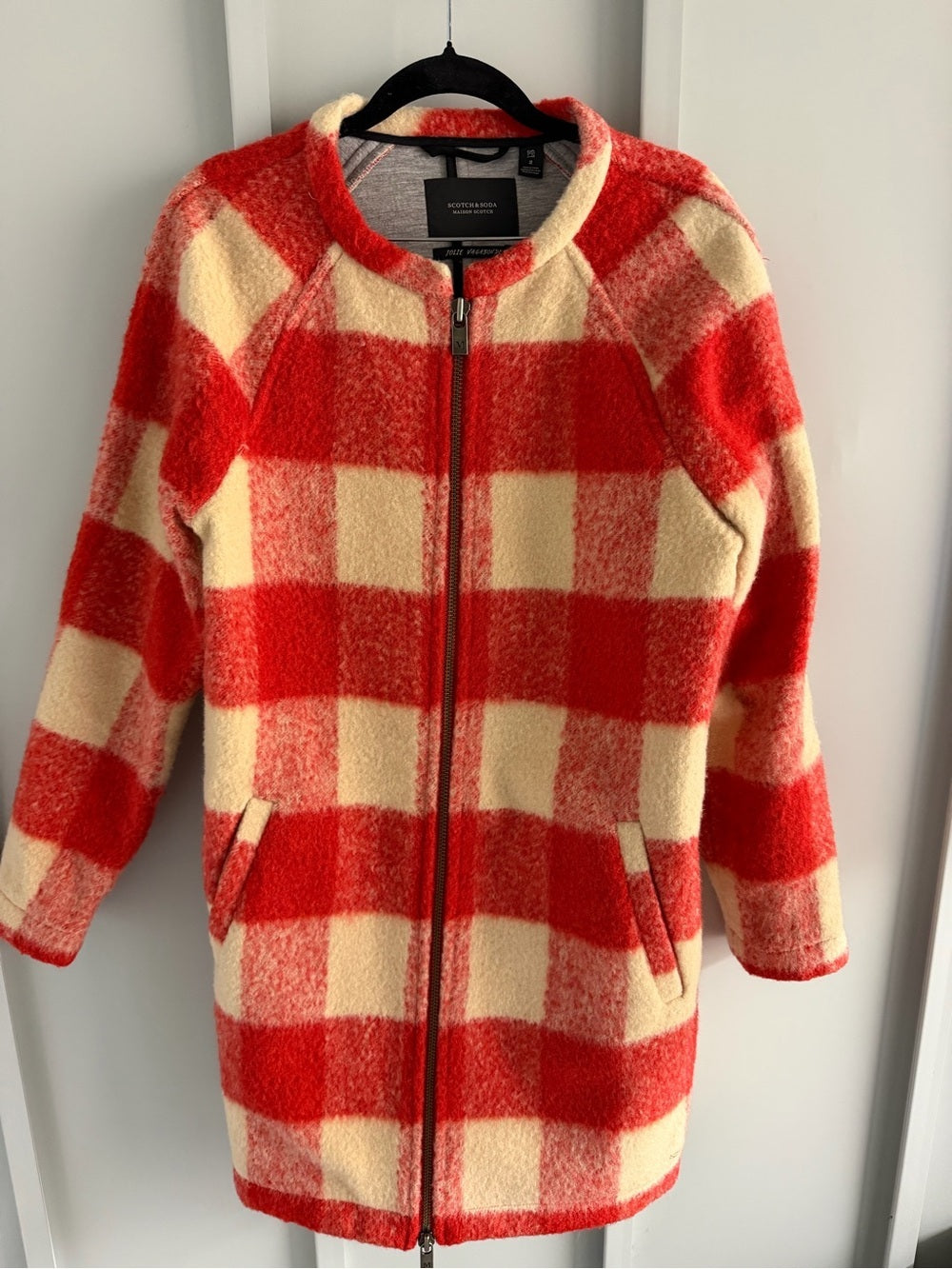 Maison Scotch Red & Cream Buffalo Check Boiled Wool-Blend Coat - Size 2