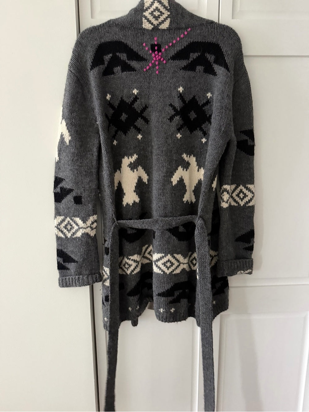 291 Venice Alpaca Wool Aztec Bird Shawl Belted Cardigan Sweater size M-L
