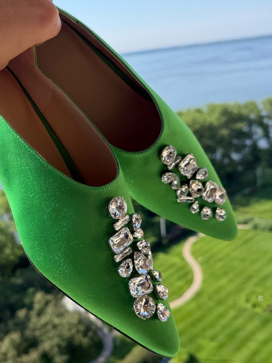 Kiki Price Green Satin Crystal Embellished Kitten Heels - Size 9
