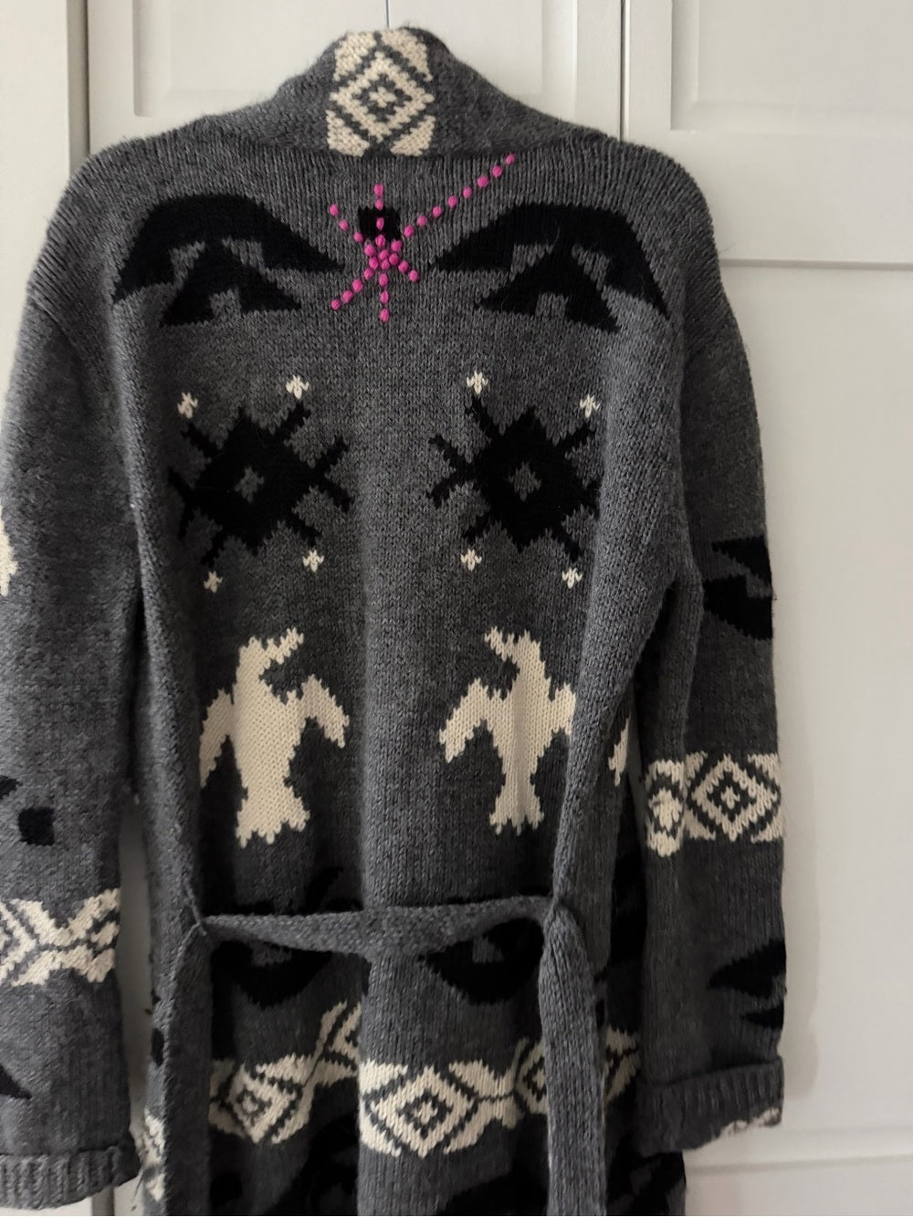 291 Venice Alpaca Wool Aztec Bird Shawl Belted Cardigan Sweater size M-L