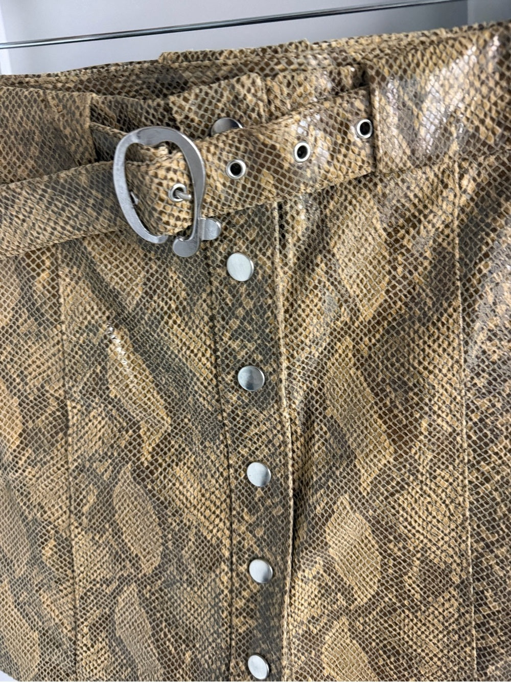 Zara 100% Leather Snakeskin Print Belted Mini Skirt - Size XS