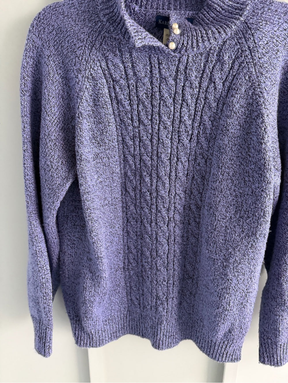 Karen Scott Lavender-Blue Cable Knit Mock Neck Sweater with Pearl Buttons Size M