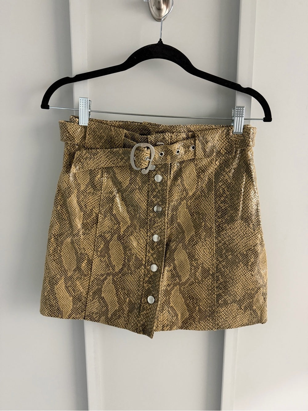 Zara 100% Leather Snakeskin Print Belted Mini Skirt - Size XS