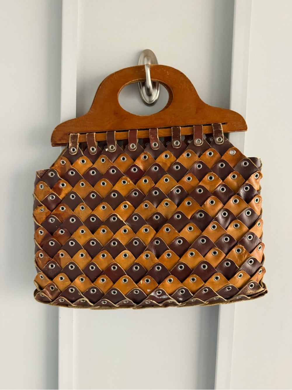 Vintage Handmade Leather & Wood Weave Statement Handbag