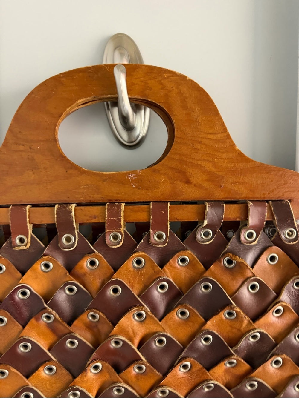 Vintage Handmade Leather & Wood Weave Statement Handbag