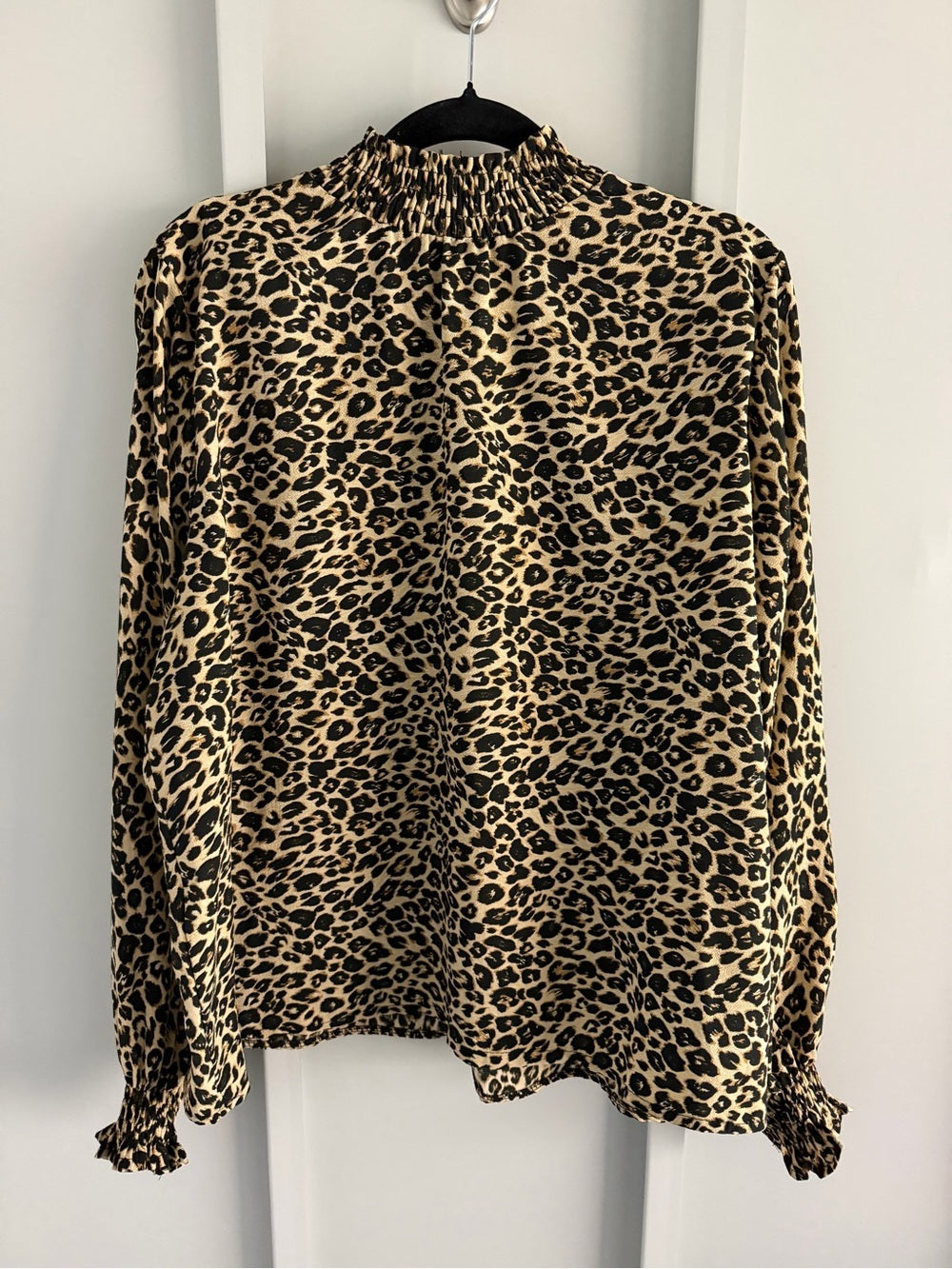 Vintage Italian Leopard Print Smocked Mock Neck Blouse L