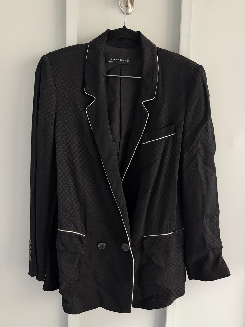 Zara Black Satin Viscose Jacquard Piping Blazer L