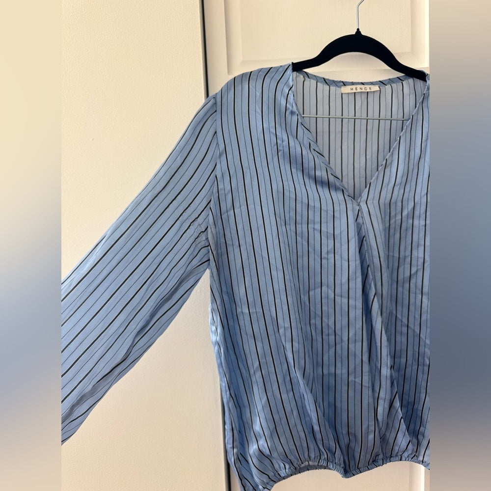 Hence Blue Pinstripe Satin Blouse | Draped V-Neck | Long Sleeve | (Fits M–L)