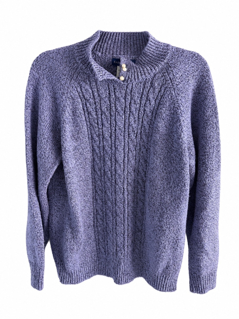 Karen Scott Lavender-Blue Cable Knit Mock Neck Sweater with Pearl Buttons Size M
