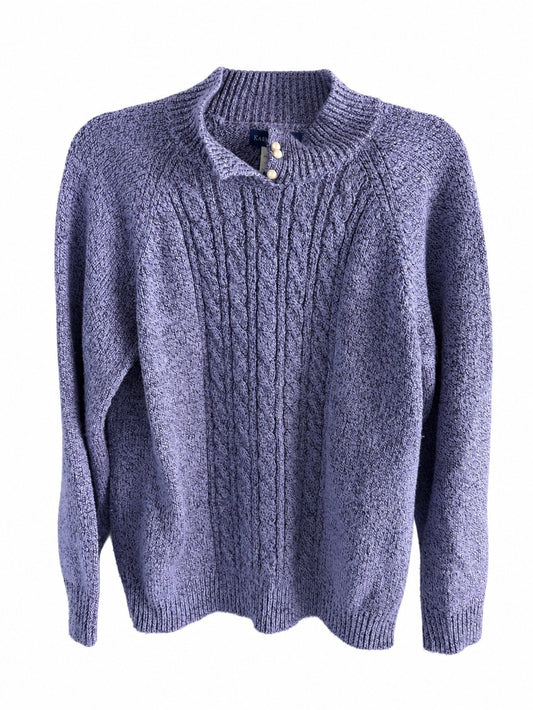 Karen Scott Lavender-Blue Cable Knit Mock Neck Sweater with Pearl Buttons Size M