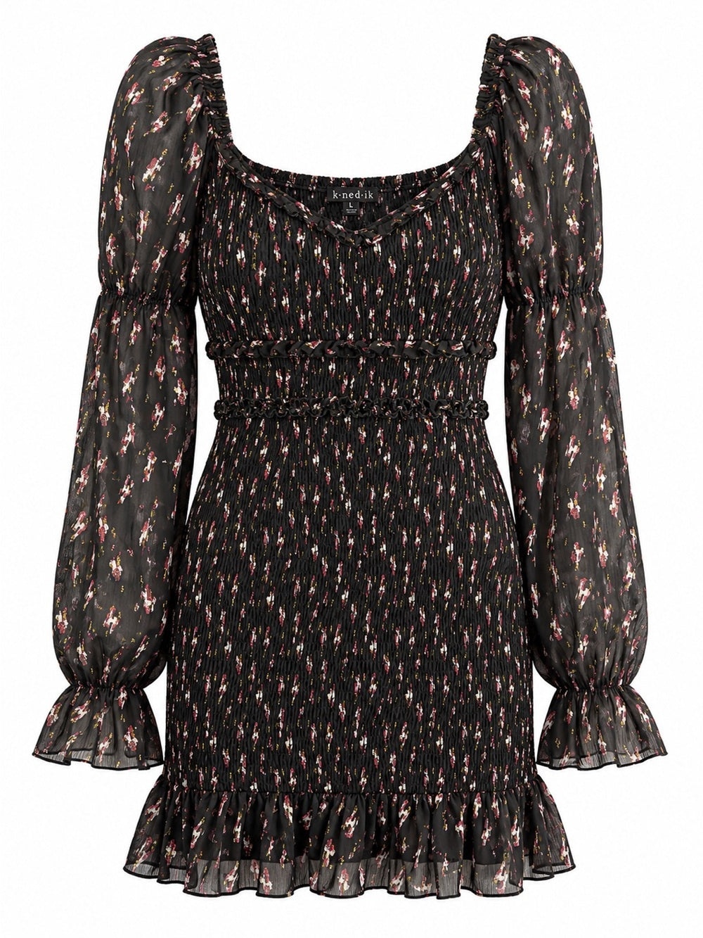 Knedik Metallic Floral Smocked Bodycon Mini Dress L