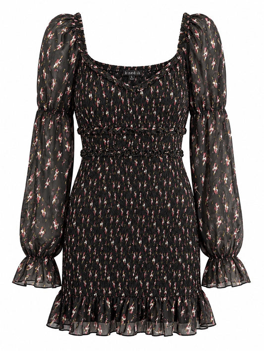 Knedik Metallic Floral Smocked Bodycon Mini Dress L