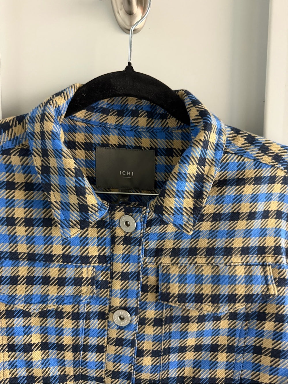 ICHI Blue & Beige Checkered Button-Up Jacket - Size 36 Like New Size S