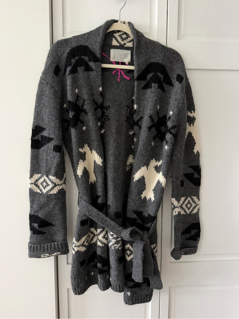291 Venice Alpaca Wool Aztec Bird Shawl Belted Cardigan Sweater size M-L