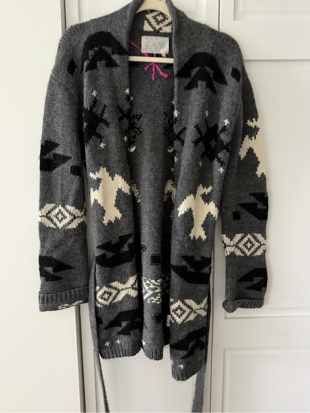 291 Venice Alpaca Wool Aztec Bird Shawl Belted Cardigan Sweater size M-L