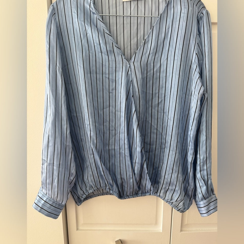 Hence Blue Pinstripe Satin Blouse | Draped V-Neck | Long Sleeve | (Fits M–L)