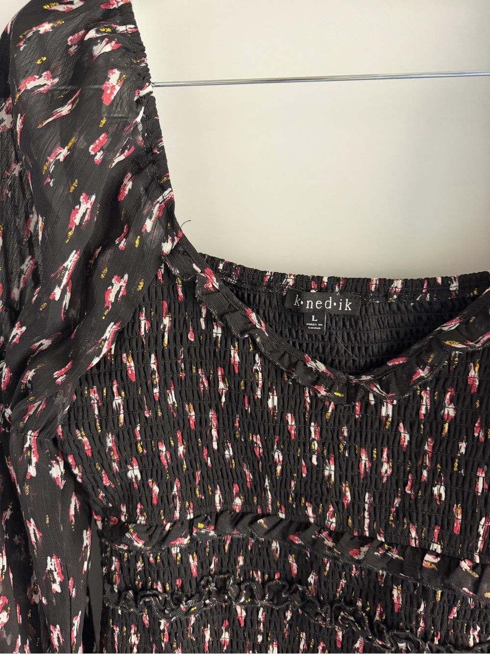Knedik Metallic Floral Smocked Bodycon Mini Dress L