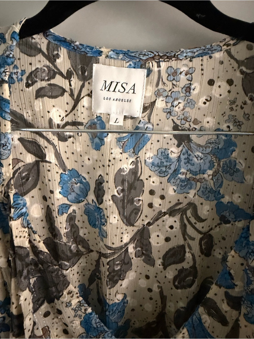 MISA Los Angeles Floral Chiffon Smocked Waist Tie Neck Dress L