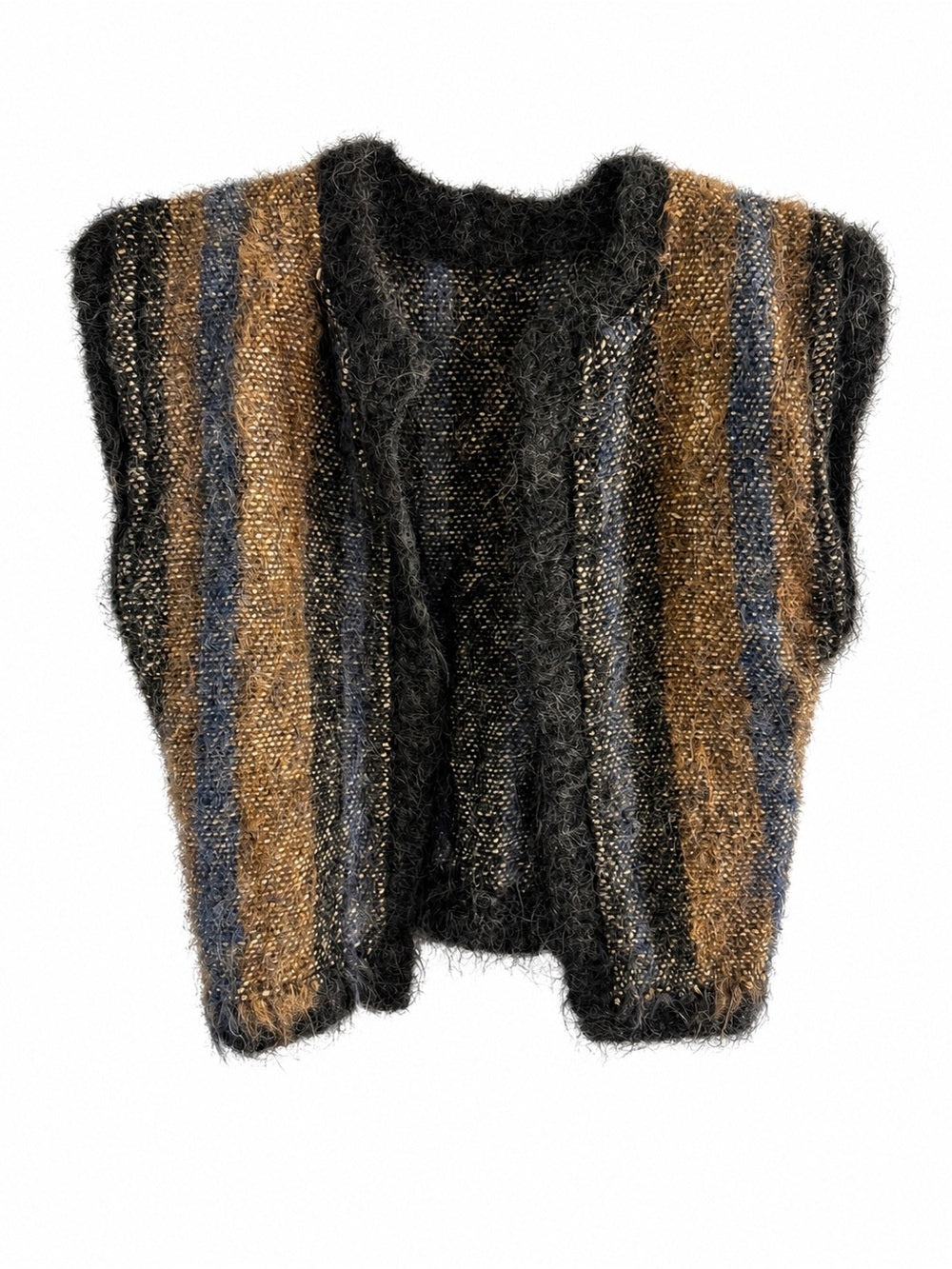 Handmade Alpaca Wool Open Front Fuzzy Trim Striped Vest - Brown Blue Black