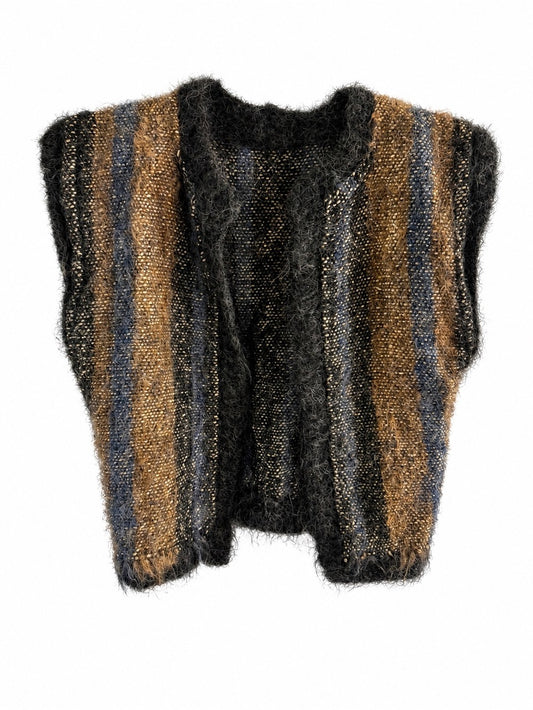 Handmade Alpaca Wool Open Front Fuzzy Trim Striped Vest - Brown Blue Black