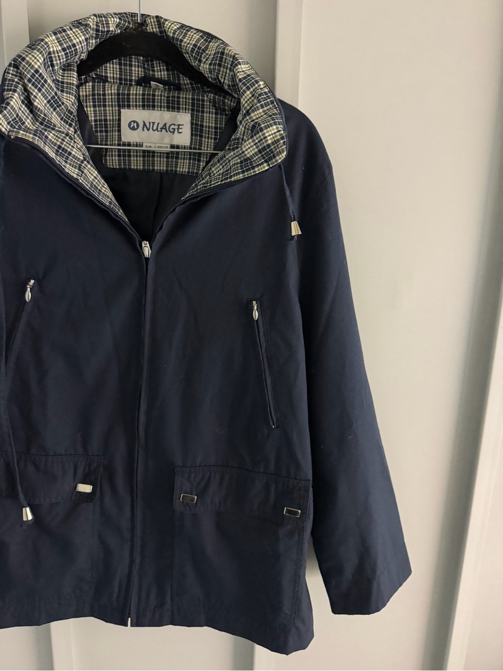 Nuage Navy Blue Plaid-Lined Short Trench Jacket - Size Small