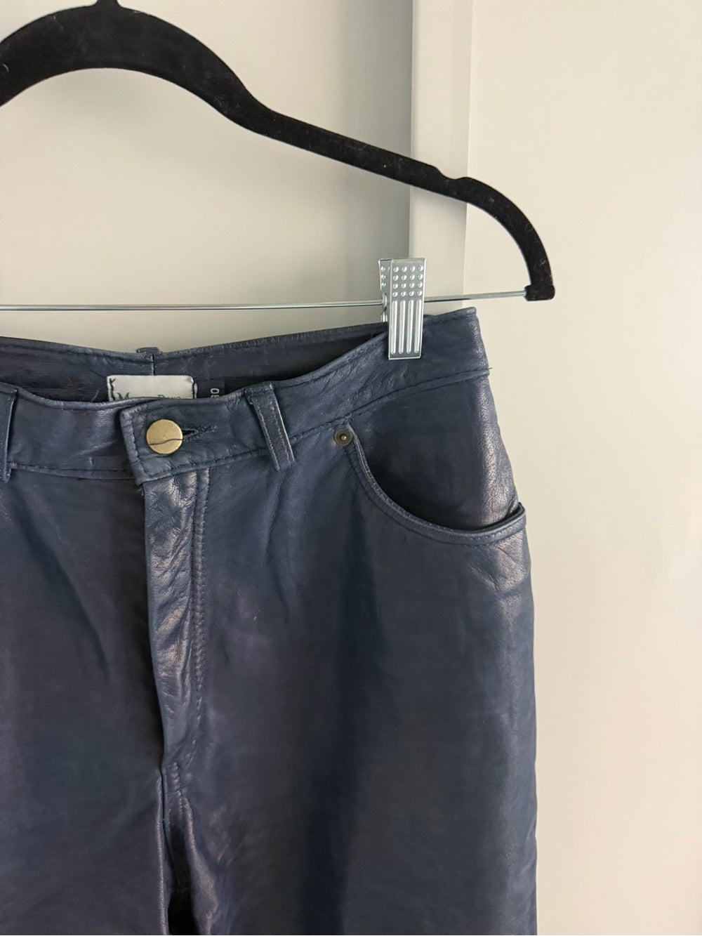Vintage French Navy Blue Leather Boyfriend Fit Pants - Lined - Size 30