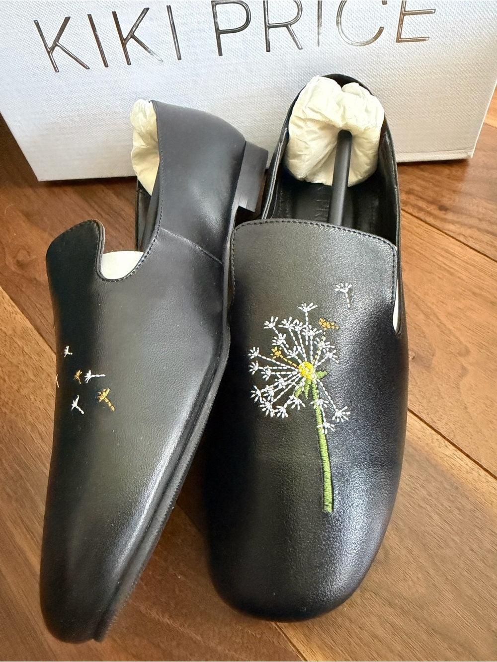 Kiki Price Embroidered Dandelion Black Leather Flats - Size 40