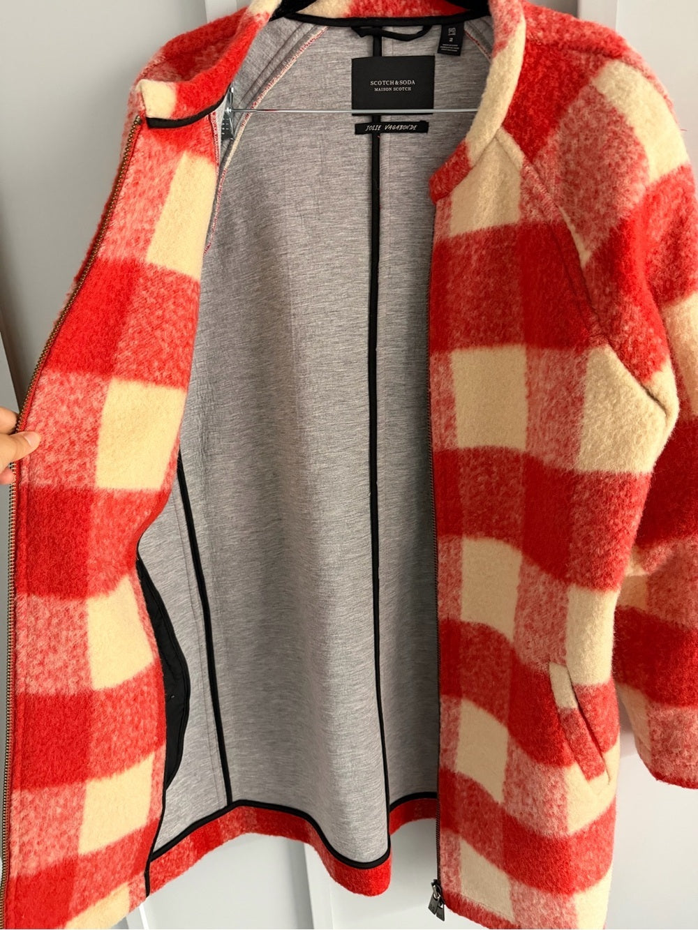 Maison Scotch Red & Cream Buffalo Check Boiled Wool-Blend Coat - Size 2
