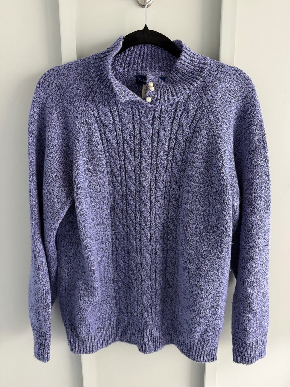 Karen Scott Lavender-Blue Cable Knit Mock Neck Sweater with Pearl Buttons Size M