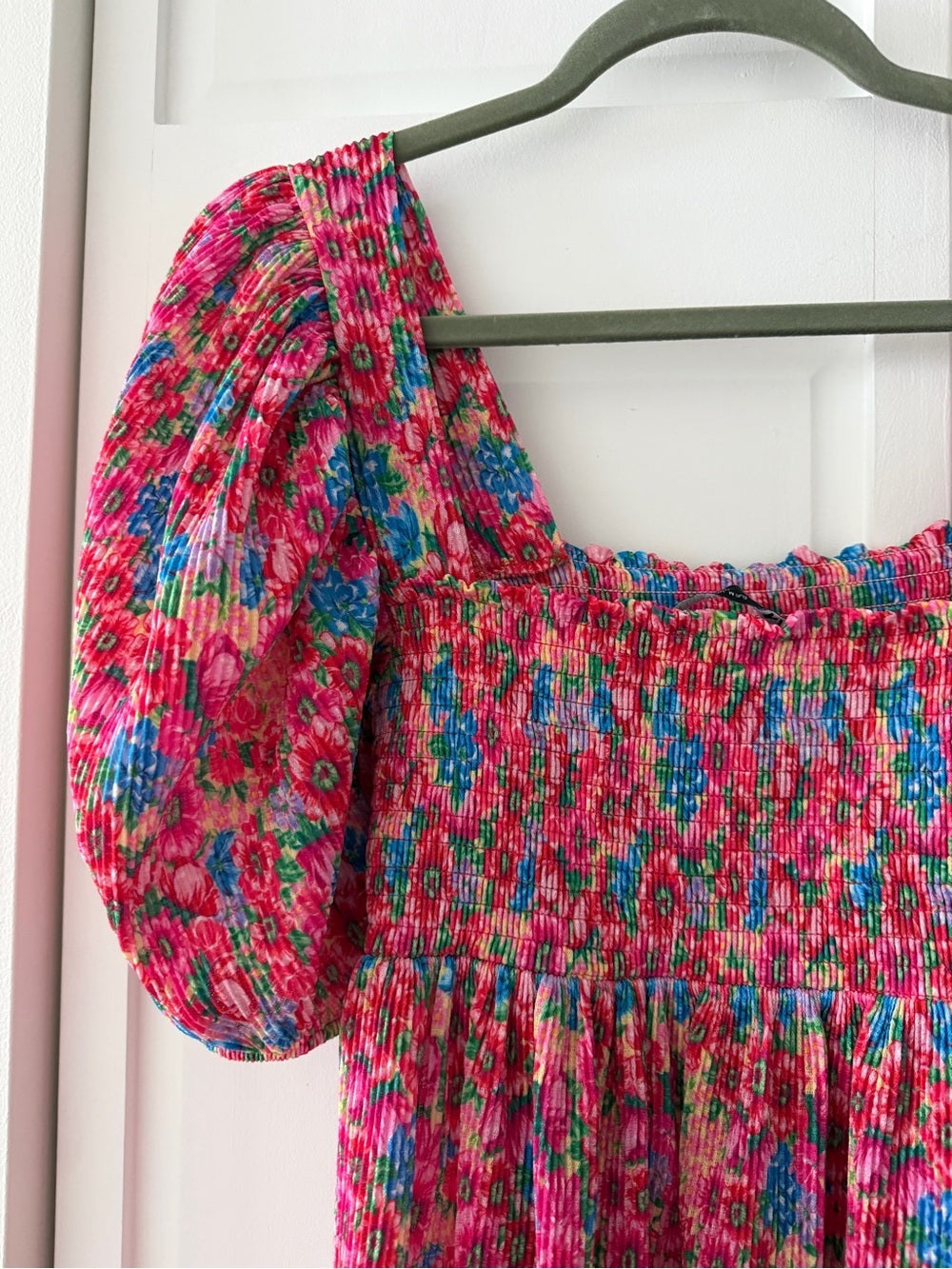 Zara Bright Floral Smocked Plissé Puff Sleeve Mini Dress M New