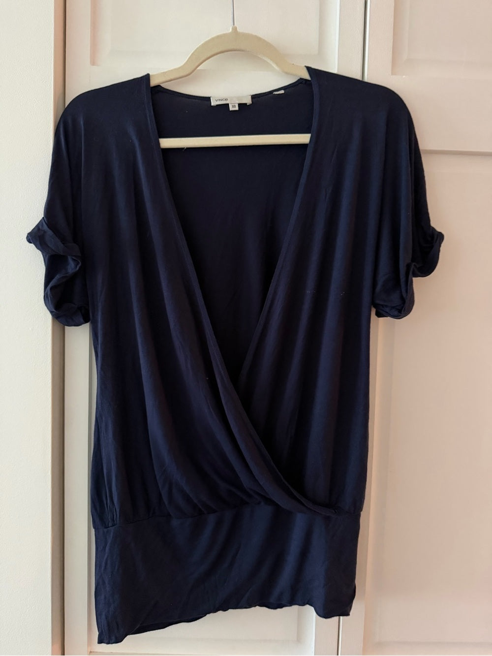 Vince Navy Blue Deep V-Neck Surplice Drape Wrap Top XS