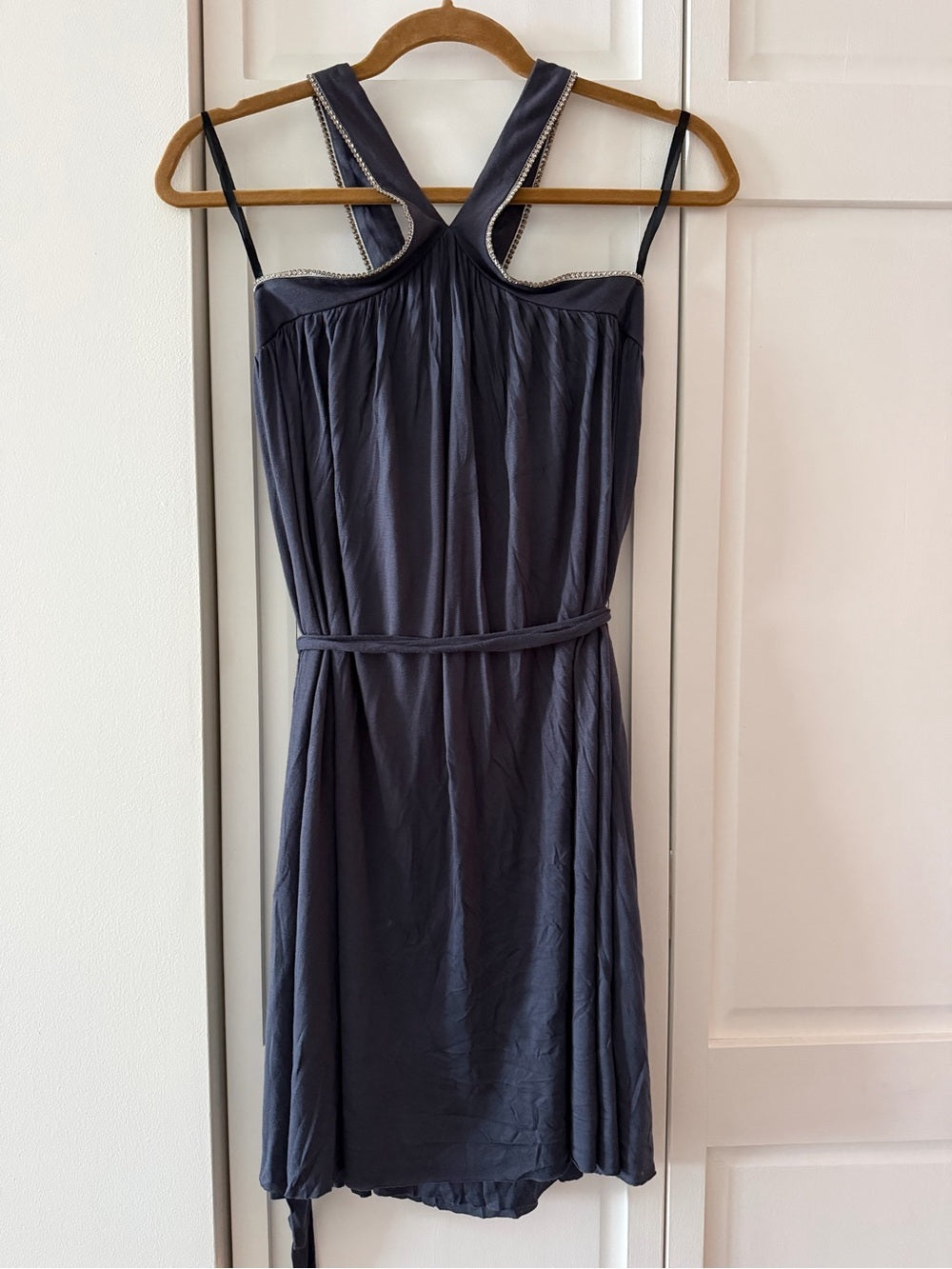 Velvet Mauve Charcoal Grey Rhinestone Cross Back Mini Dress M y2k