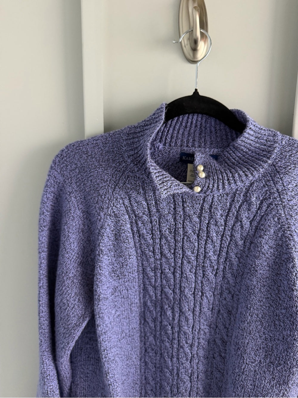 Karen Scott Lavender-Blue Cable Knit Mock Neck Sweater with Pearl Buttons Size M