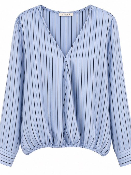 Hence Blue Pinstripe Satin Blouse | Draped V-Neck | Long Sleeve | (Fits M–L)