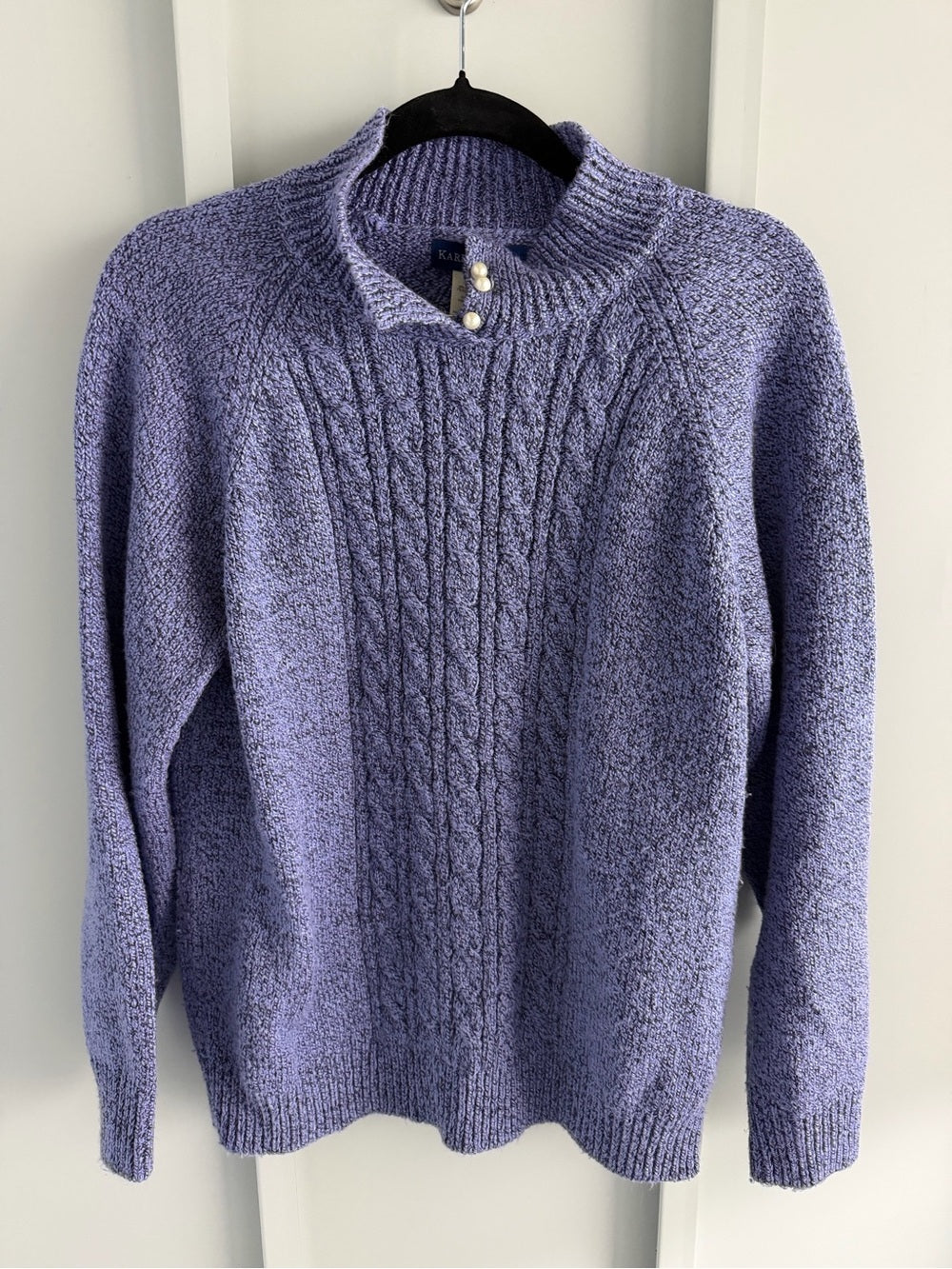 Karen Scott Lavender-Blue Cable Knit Mock Neck Sweater with Pearl Buttons Size M